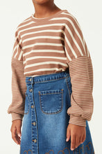 Load image into Gallery viewer, Mocha Stripe Contrast Sleeve Top
