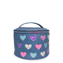 Load image into Gallery viewer, Metallic Heart-Patched Denim Round Glam Bag
