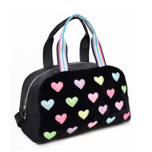 Load image into Gallery viewer, Glitter Heart Patch Fur Black Medium Duffle Bag

