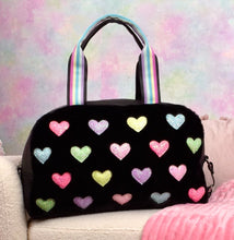 Load image into Gallery viewer, Glitter Heart Patch Fur Black Medium Duffle Bag
