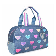 Load image into Gallery viewer, Metallic Heart-Patched Denim Medium Duffle Bag
