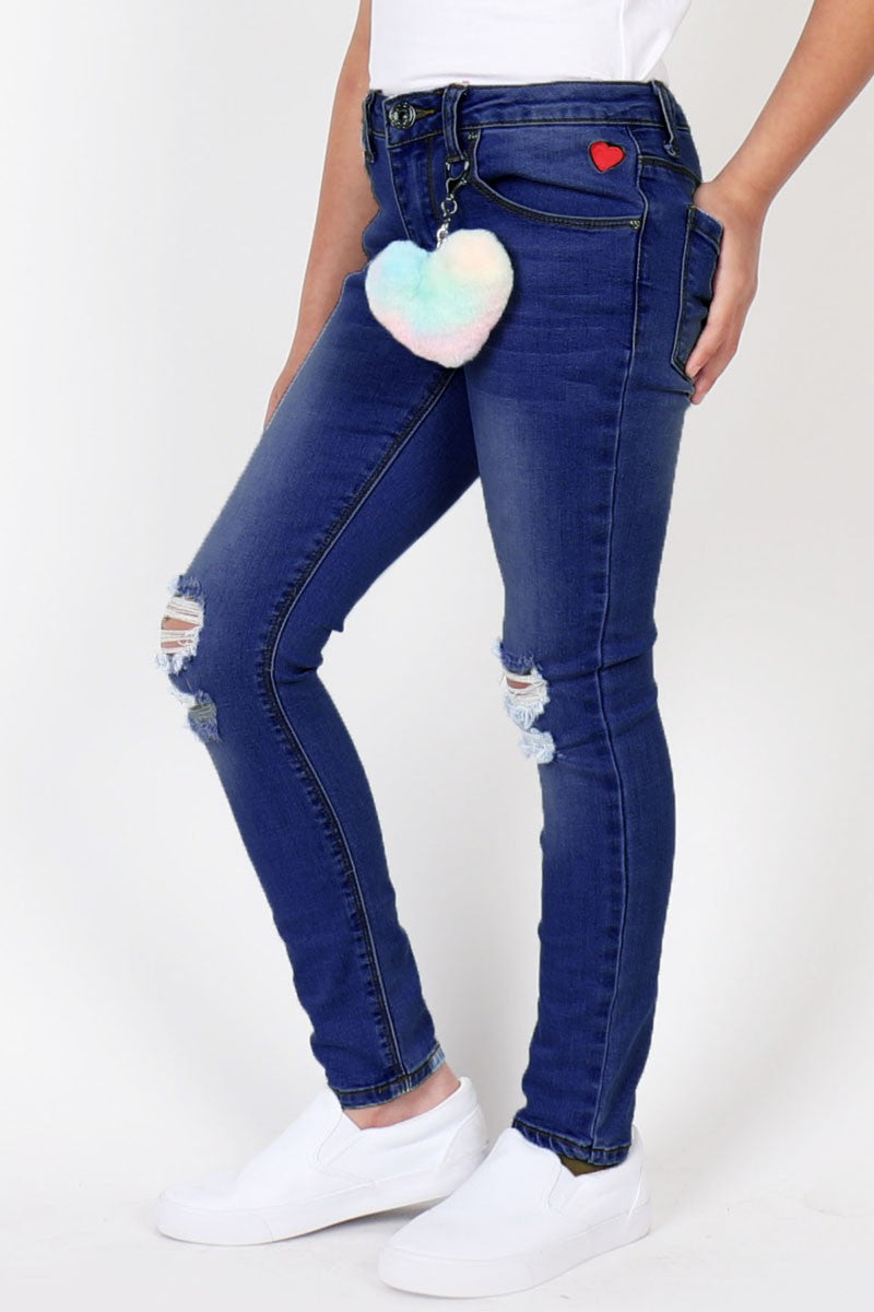 Distressed Knee Skinny Jeans with TD Pom