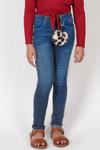 Denim Skinny Jeans with Leopard Pom