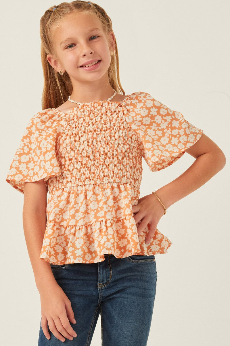 Apricot Floral Smocked Top