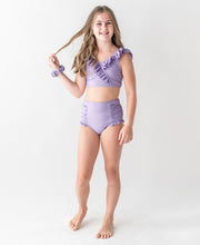 Load image into Gallery viewer, Lavender Seersucker Tween Ruffle V-Neck Bikini

