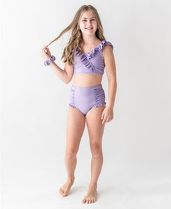 Lavender Seersucker Tween Ruffle V-Neck Bikini