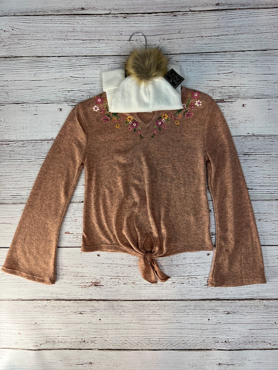Rust Floral Sweatshirt with Pom Beanie