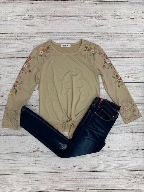Taupe Floral & Lace Sleeve Top