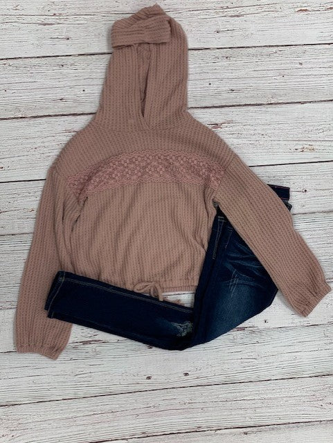 Blush Waffle Hoodie with Lace Detail